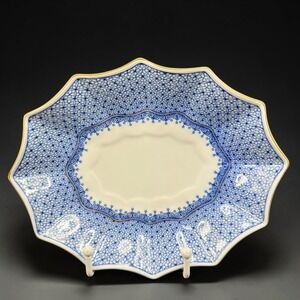 Mottahedeh Blue Lace Scalloped Oval Bowl Dish Porcel Portugal Gold Rim 8 Inch